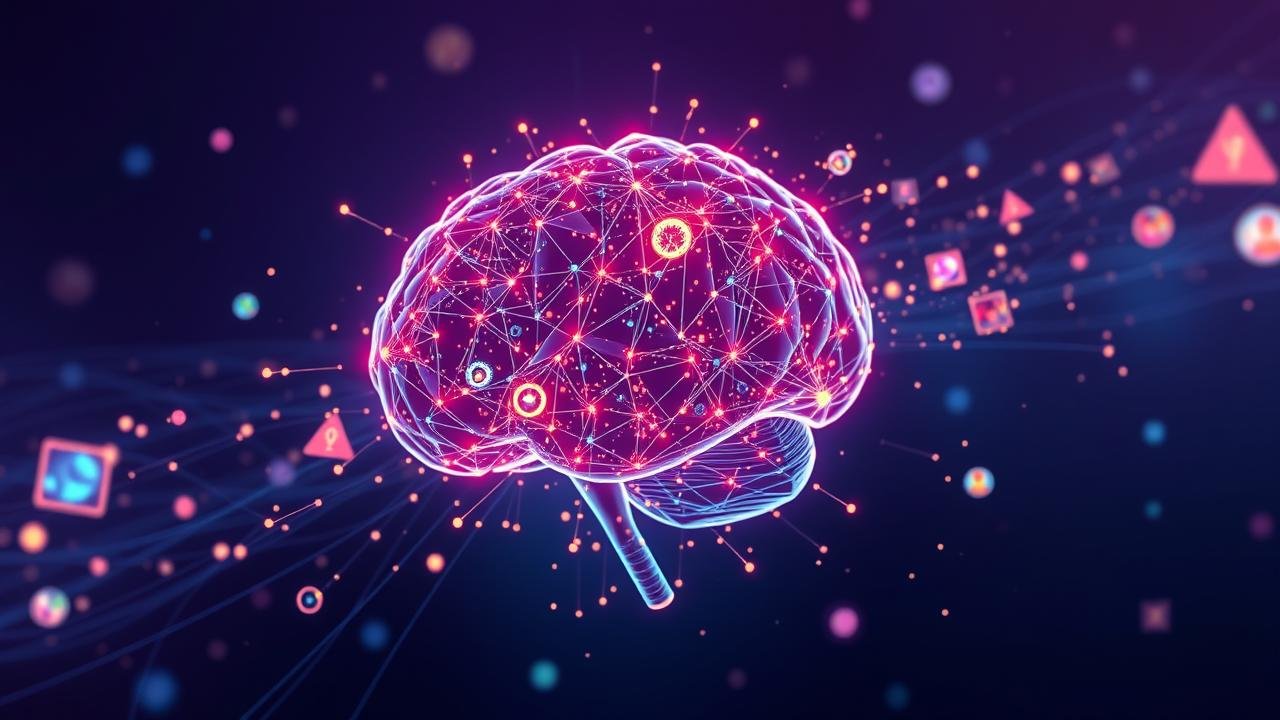 AI 이미지 생성 원리를 표현한 디지털 뇌와 신경망 네트워크